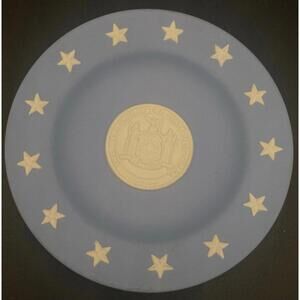 545 - Wedgwood Blue Jasperware Dish – State Seal of New York – England 4.25”